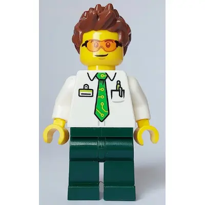  Electric Scooter Rider - Male, White Shirt with Bright Green Tie, Dark Green Legs, Reddish Brown Spiked Hair, Safety Glasses