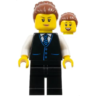  Hotel Receptionist - Female, Black Vest with Blue Striped Tie, Black Legs, Reddish Brown Hair