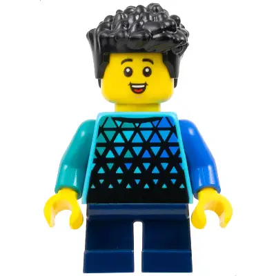  Child - Boy, Medium Azure Top with Triangles, Dark Blue Short Legs, Black Hair