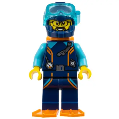  Arctic Explorer Diver - Male, Dark Blue Diving Suit and Helmet, Orange Air Tanks and Flippers, Trans-Light Blue Diver Mask, Beard and Glasses