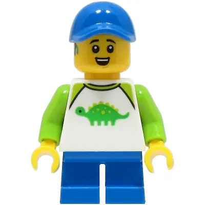  Child - Boy, White Shirt with Bright Green Dinosaur, Blue Short Legs, Blue Cap, Hearing Aid