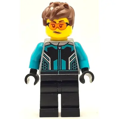  Race Car Driver - Female, Black and Dark Turquoise Racing Suit, Black Legs, Reddish Brown Messy Hair, Safety Glasses