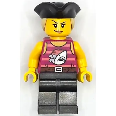  Pirate Monster Truck Driver - Female, Magenta Tank Top with Coral Stripes and Silver Shark, Pearl Dark Gray Legs, Black Tricorne Hat with Tan Ponytail