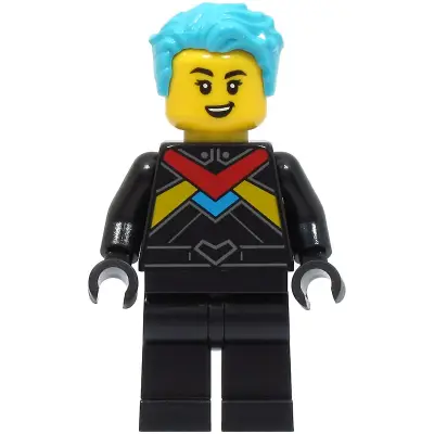  Race Boat Driver - Female, Black Racing Suit with Red, Dark Azure and Bright Light Orange Stripes, Medium Azure Hair