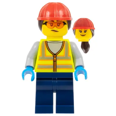  Airport Worker - Female, Neon Yellow Safety Vest with Reflective Stripes, Dark Blue Legs, Red Construction Helmet with Dark Brown Ponytail Hair, Safety Glasses