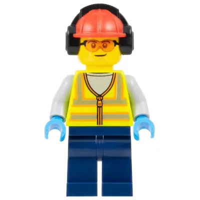  Airport Worker - Male, Neon Yellow Safety Vest with Reflective Stripes, Dark Blue Legs, Red Construction Helmet with Black Ear Protectors / Headphones, Safety Glasses