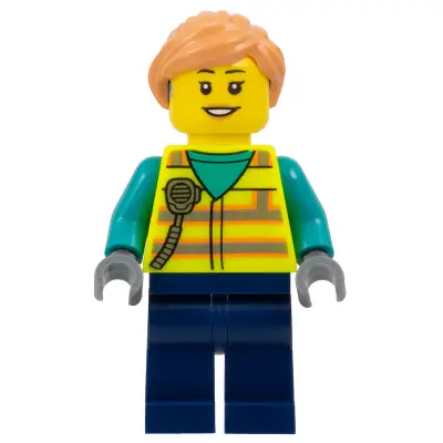  Airport Worker - Female, Neon Yellow Safety Vest with Radio, Dark Blue Legs, Nougat Ponytail Hair, Hearing Aid