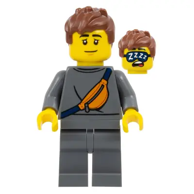  Plane Passenger - Male, Dark Bluish Gray Sweater with Orange Sling Bag, Dark Bluish Gray Legs, Reddish Brown Messy Hair, Sleep Mask