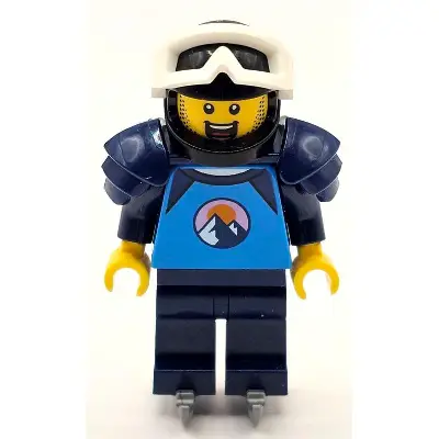 Ice Hockey Player - Male, Dark Azure and Dark Blue Shirt with Mountains, Dark Blue Legs and Shoulder Pads, Black Helmet, White Goggles, Ice Skates