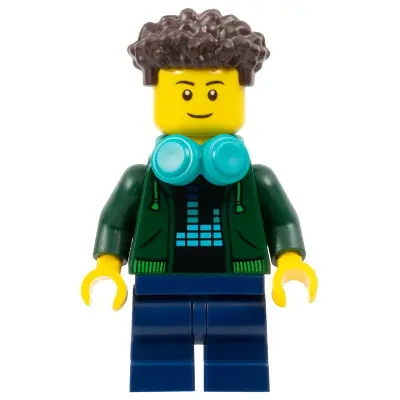  Video Game Player - Male, Dark Green Hoodie, Dark Blue Medium Legs, Dark Brown Coiled Hair, Dark Turquoise Headphones