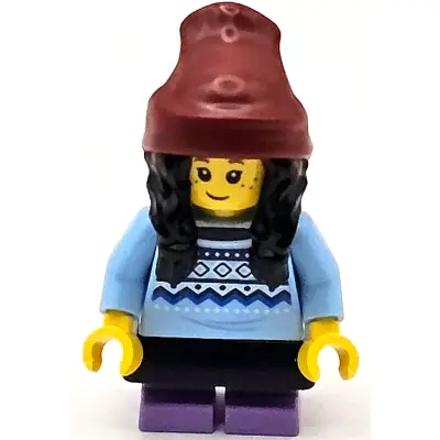  Child - Girl, Bright Light Blue Knit Fair Isle Sweater, Medium Lavender Short Legs, Dark Red Beanie with Black Hair, Black Skirt