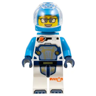  Astronaut - Female, White Spacesuit with Dark Azure Arms, Dark Azure Helmet, Trans-Clear Visor, Dark Azure Jet Pack, Glasses