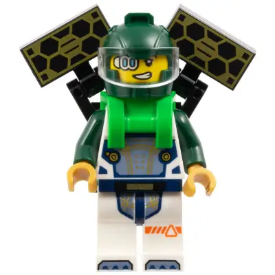  Astronaut - Male, White Spacesuit with Dark Green Arms, Dark Green Helmet, Trans-Clear Visor, Bright Green Harness with Solar Panels