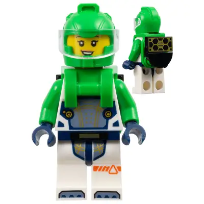  Astronaut - Female, White Spacesuit with Bright Green Arms, Bright Green Helmet, Trans-Clear Visor, Bright Green Harness with Solar Panel, Open Mouth