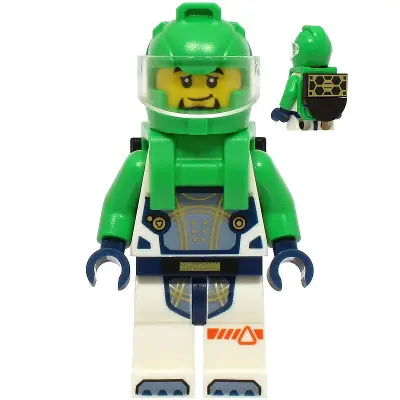 Astronaut - Male, White Spacesuit with Bright Green Arms, Bright Green Helmet, Trans-Clear Visor, Bright Green Harness with Solar Panel, Goatee