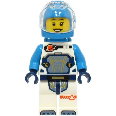  Astronaut - Female, White Spacesuit with Dark Azure Arms, Dark Azure Helmet, Trans-Clear Visor, Dark Azure Jet Pack, Hearing Aid
