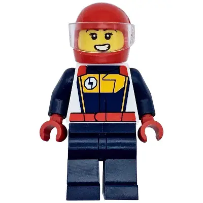  Race Car Driver - Female, White, Dark Blue and Bright Light Orange Racing Suit, Dark Blue Legs, Red Helmet