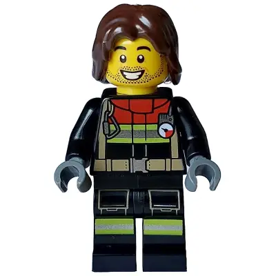  Fire - Male, Black Jacket and Legs with Reflective Stripes and Red Collar, Dark Brown Hair Mid-Length Tousled