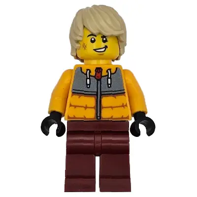  Snowboarder - Male, Bright Light Orange Jacket, Dark Red Legs, Tan Tousled Hair, Scuff Mark