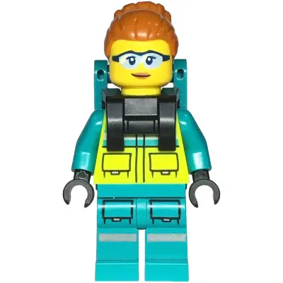  Paramedic - Female, Dark Turquoise and Neon Yellow Safety Vest, Legs with Silver Reflective Stripes, Dark Orange High Bun, Backpack