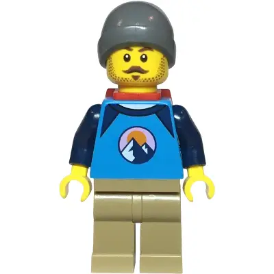  Hiker - Male, Dark Azure and Dark Blue Shirt with Mountains, Dark Tan Legs, Dark Bluish Gray Beanie, Red Backpack Thin