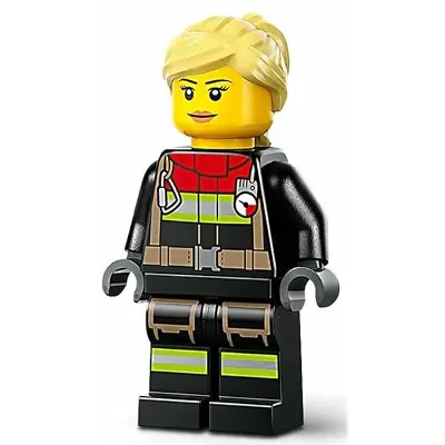  Fire - Female, Black Jacket and Legs with Reflective Stripes and Red Collar, Bright Light Yellow Hair Ponytail and Swept Sideways Fringe
