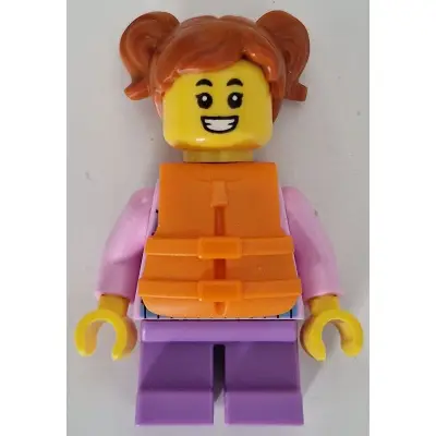  Child - Girl, Bright Pink Hoodie with Medium Blue and White Diagonal Stripes, Medium Lavender Short Legs, Dark Orange Hair with Pigtails, Orange Life Jacket