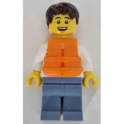  Sailboat Driver - Male, White Sweater with Red Horizontal Stripes, Sand Blue Legs, Dark Brown Short Tousled Hair, Orange Life Jacket