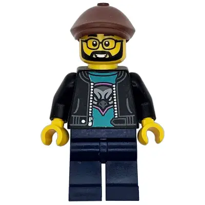  Race Truck Driver - Male, Black Jacket over Dark Turquoise Shirt with Hawk Head Logo, Dark Blue Legs, Reddish Brown Flat Cap, Beard, Glasses