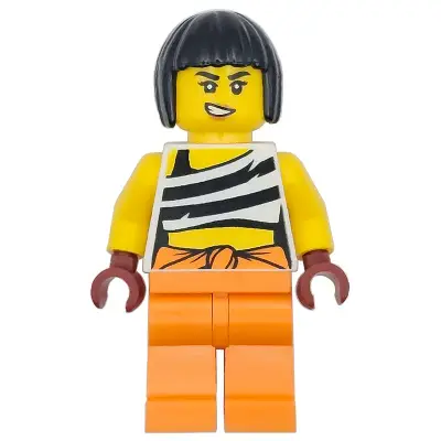  Police - City Bandit Crook Female, White Tank Top Cropped with Black Stripes, Orange Legs, Black Bob Cut Hair