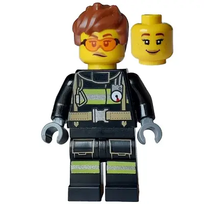  Fire - Female, Black Jacket and Legs with Reflective Stripes, Reddish Brown Messy Hair, Safety Glasses