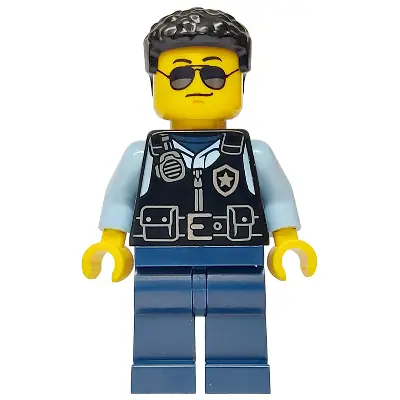  Police - City Officer Male, Black Safety Vest with Silver Star Badge Logo, Dark Blue Legs, Black Hair, Sunglasses
