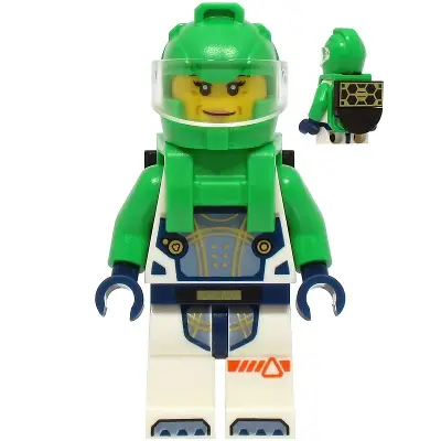  Astronaut - Female, White Spacesuit with Bright Green Arms, Bright Green Helmet, Trans-Clear Visor, Bright Green Harness with Solar Panel, Closed Mouth