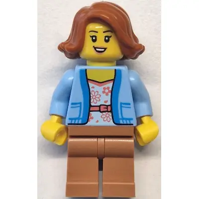  Bus Passenger - Female, Bright Light Blue Jacket over White Shirt with Coral Flowers, Medium Nougat Legs, Dark Orange Hair