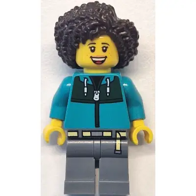  Bus Passenger - Female, Dark Turquoise Jacket with Dark Green Panel, Dark Bluish Gray Legs, Dark Brown Hair