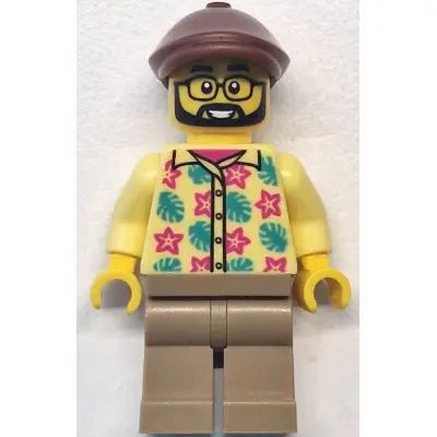  Bus Passenger - Male, Bright Light Yellow Shirt with Flowers and Leaves, Dark Tan Legs, Reddish Brown Flat Cap