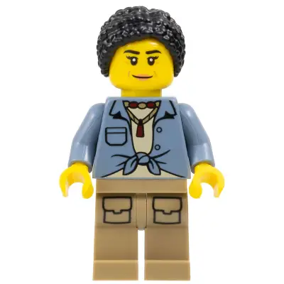  City Jungle Explorer Female - Sand Blue Knotted Shirt over Tan T-Shirt, Dark Tan Legs, Black Hair Braided with Knot Bun