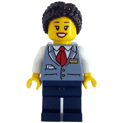  Tram Driver - Female, Sand Blue Vest, Dark Blue Legs, Black Hair Braided with Knot Bun