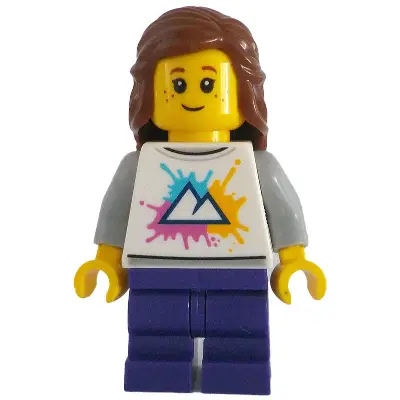  Tram Passenger - Female, White Shirt with Mountains Logo, Dark Purple Medium Legs, Reddish Brown Hair, Freckles