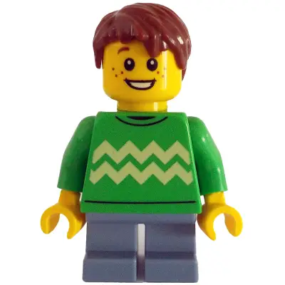  Child - Boy, Bright Green Sweater with Bright Light Yellow Zigzag Lines, Sand Blue Short Legs, Reddish Brown Hair