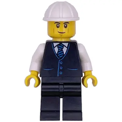  Construction Engineer / Architect - Male, Black Vest with Blue Striped Tie, Black Legs, White Construction Helmet, Lopsided Grin