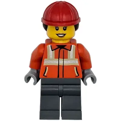  Construction Worker - Female, Reddish Orange Safety Jacket with Reflective Stripes, Dark Bluish Gray Legs, Red Construction Helmet with Dark Brown Ponytail Hair, Hearing Aid