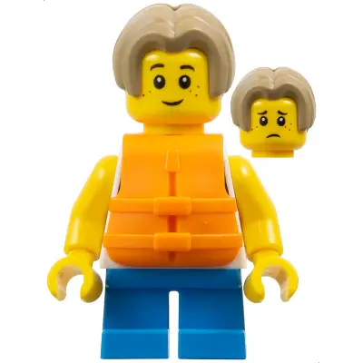  Child - Boy, White Tank Top with Dark Azure Sailboat, Dark Azure Short Legs, Dark Tan Bowl Cut Hair, Orange Life Jacket