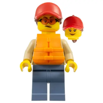  Woman - Red Ball Cap with Reddish Brown Ponytail, Orange Life Jacket, Sand Blue Legs