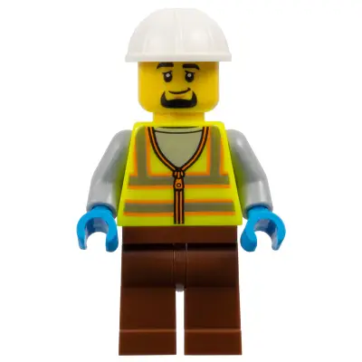  Dock Worker - Male, Neon Yellow Safety Vest with Reflective Stripes, Reddish Brown Legs, White Construction Helmet, Goatee
