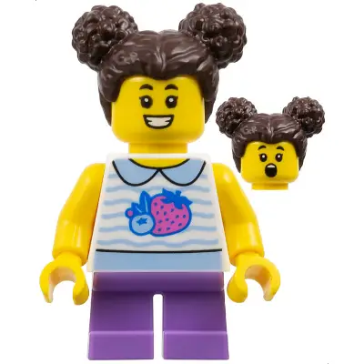  Child - Girl, White Collared Shirt with Fruit, Medium Lavender Short Legs, Dark Brown Hair with Buns