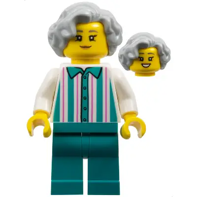 Harbor Shop Worker - Female, Light Bluish Gray Hair, White Shirt with Stripes, Dark Turquoise Legs