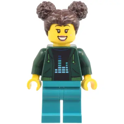  Robot World Patron - Female, Dark Green Hoodie, Dark Turquoise Legs, Dark Brown Hair with Buns