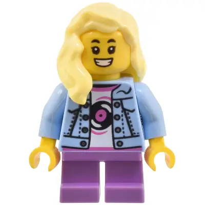  Child - Girl, Bright Light Blue Denim Jacket over Shirt with Record, Medium Lavender Short Legs, Bright Light Yellow Hair
