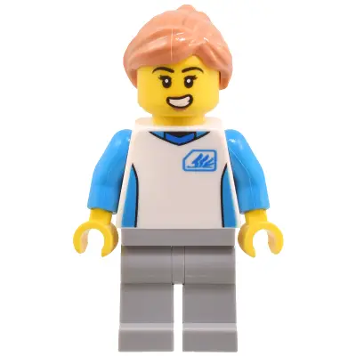  Robot World Attendant - Female, White Uniform Jersey, Light Bluish Gray Legs, Nougat Hair